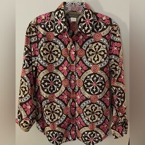 Tommy Bahama Brown/Pink Long Sleeve Button Down Top w/Geometric Pattern; Size 8